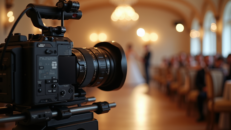 Eye-level view of a professional camera set up at a wedding venue