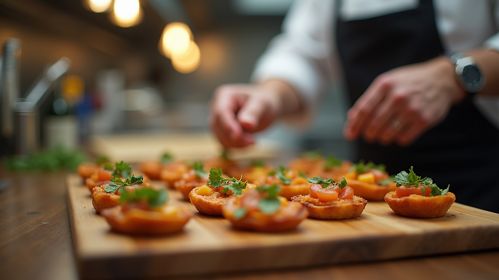 Close-up view of a chef preparing gourmet appetizers for a corporate event