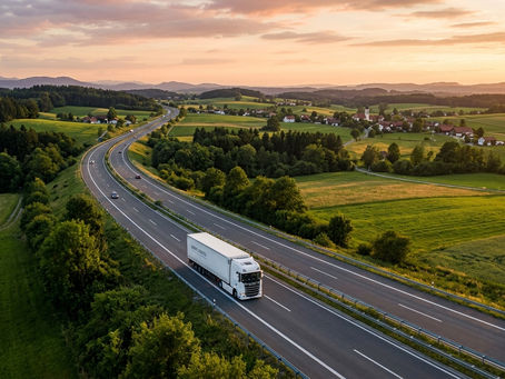 A wide aerial view of a white truck driving on a European highway through green countryside at golden hour.