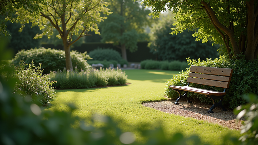 High angle view of a peaceful garden with a bench surrounded by greenery