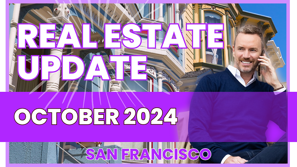 Smiling real estate agent on a call in front of a classic San Francisco Victorian home with text overlay reading 'Real Estate Update, October 2024, San Francisco.