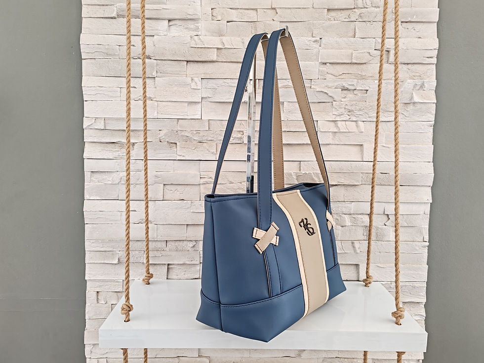 Miniature : Sac à main " Popine " à l'épaule bleu pétrole et beige