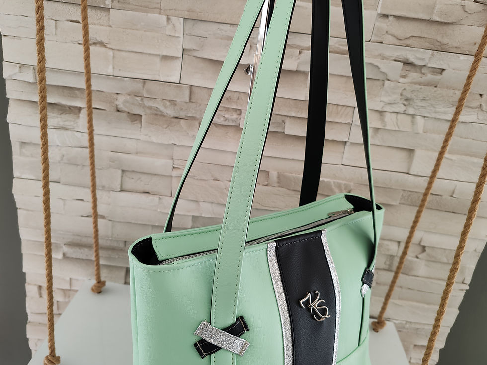 Miniature : Sac à main " Popine " vert d'eau noir et argent