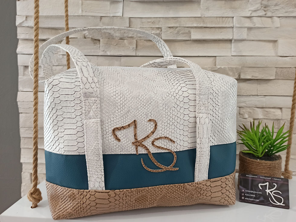 Miniature : Sac à main grande taille Simili cuir comodo blanc bleu et camel