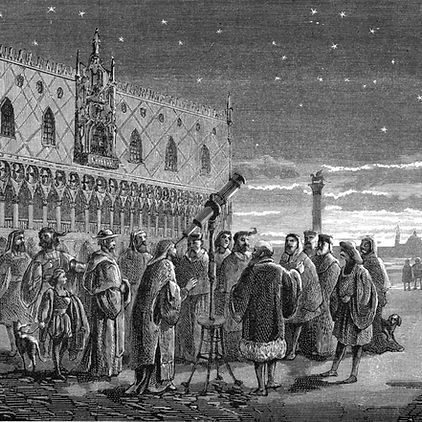 Le 21 août 1609, Galilée dévoile sa deuxième lunette aux sénateurs de Venise. Gravure sur bois, France, XIXe s.