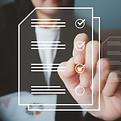 A businesswoman taking an online quiz or questionnaire icon on a digital window providing