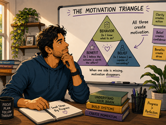 A man sitting at a desk looking at the motivation triangle on his whiteboard 
