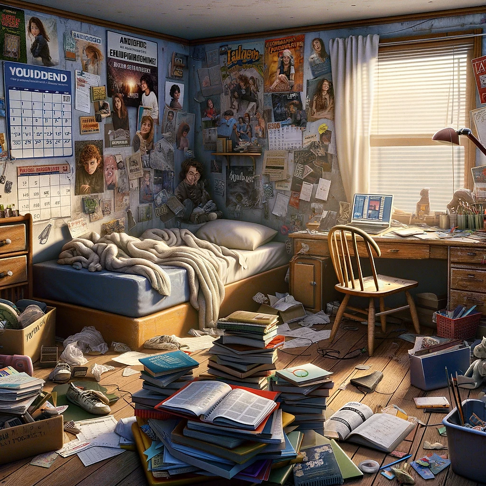A very messy bedroom with young adult sitting on his bed in the corner, feeling upset.