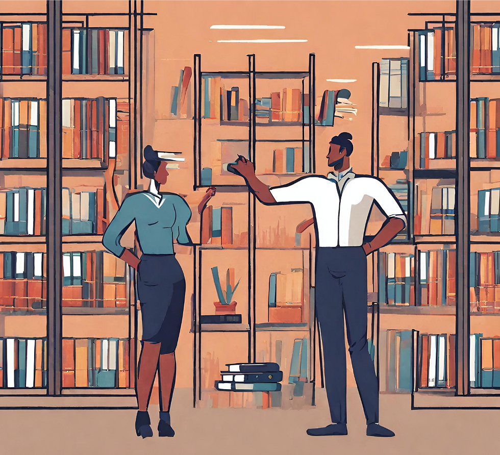 two catoon people talking to each other in library with a tan background and shelves of blue, read, and orange books