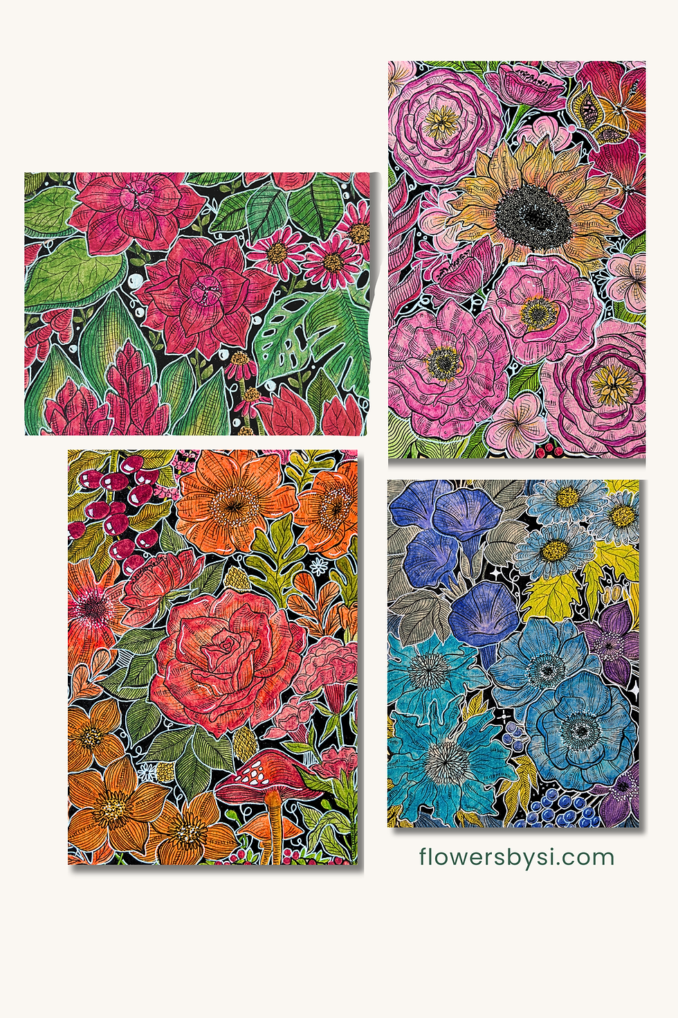 Thumbnail: Colorful Floral Art Prints - Set of 4 Vibrant Floral Printable Artworks