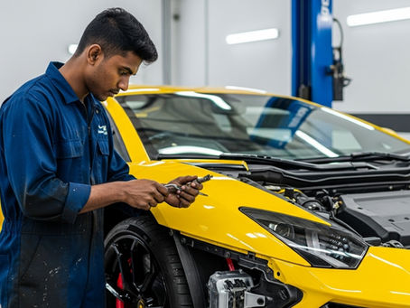 A young man fixing a dent in a modern car.
