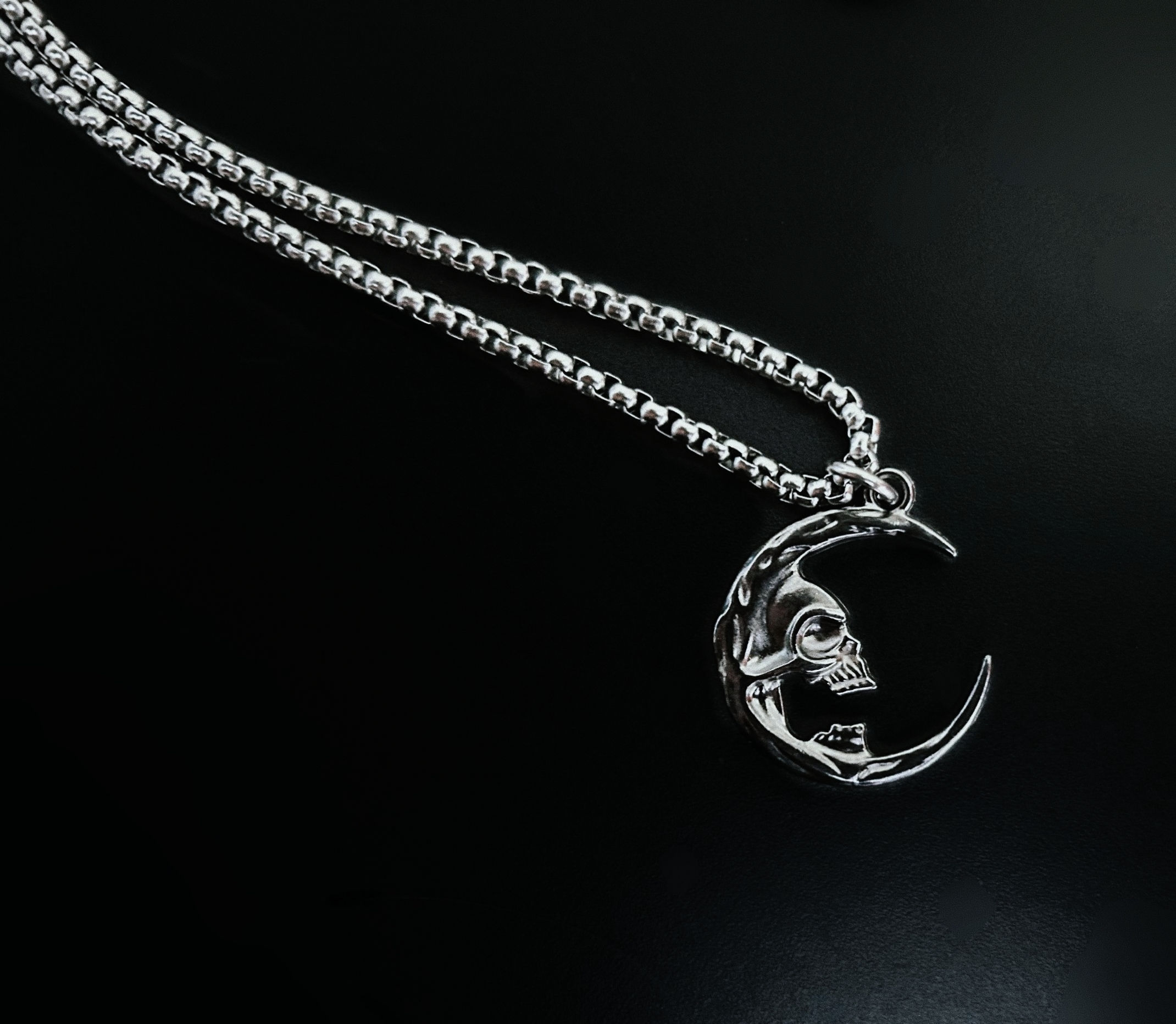 Silver skull crescent moon pendant on chain, Moon Reaper Gothic Pendant.