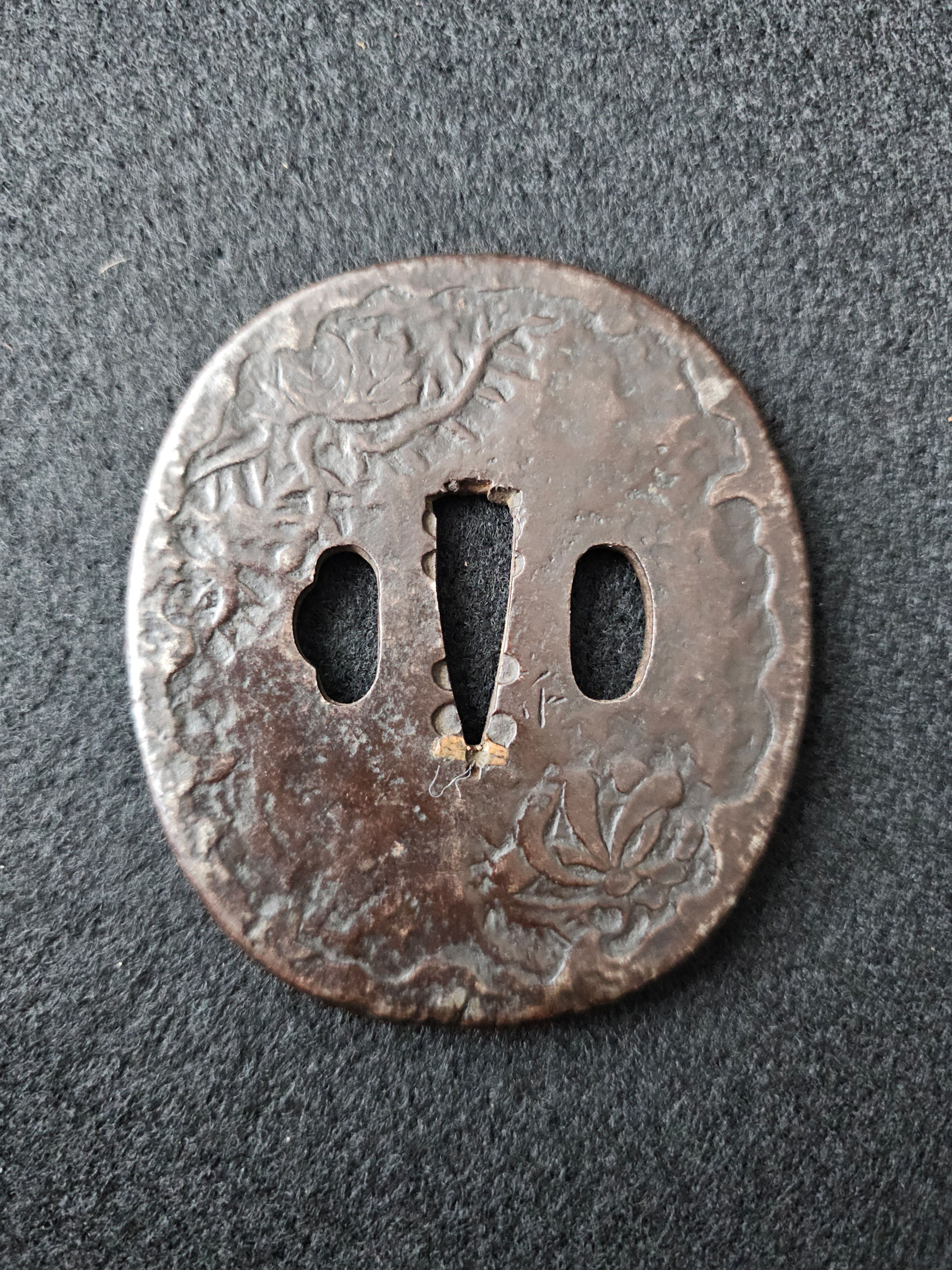 Antique Japanese Tsuba, Edo Period, Iron with Floral Motifs, Signed “Masa” (正)