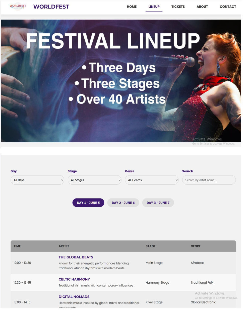 WorldFest Festival Lineup page showing three-day schedule with 40 artists across three stages.