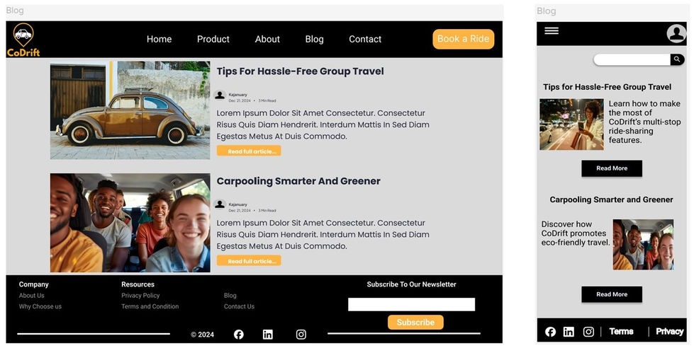CoDrift blog page featuring articles on group travel tips and eco-friendly carpooling.