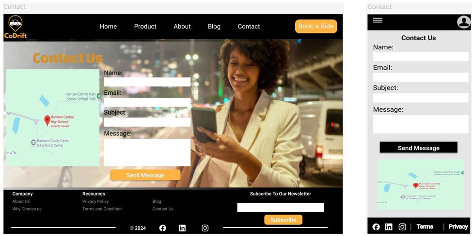 CoDrift Contact Us page with form fields, location map, and city background.