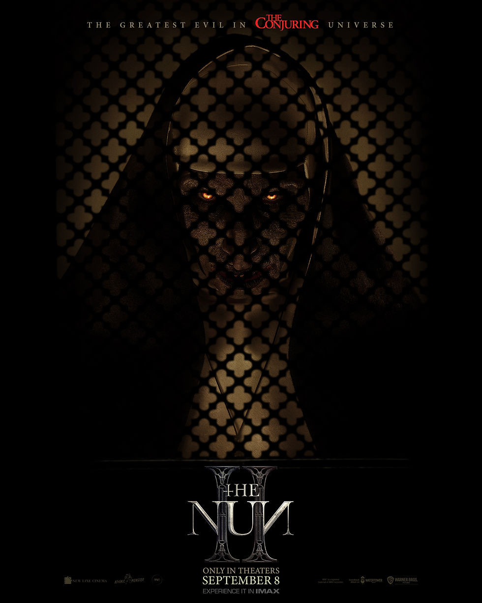 Movie poster for the 2023 film The Nun II showing Valak looking through a confessional booth