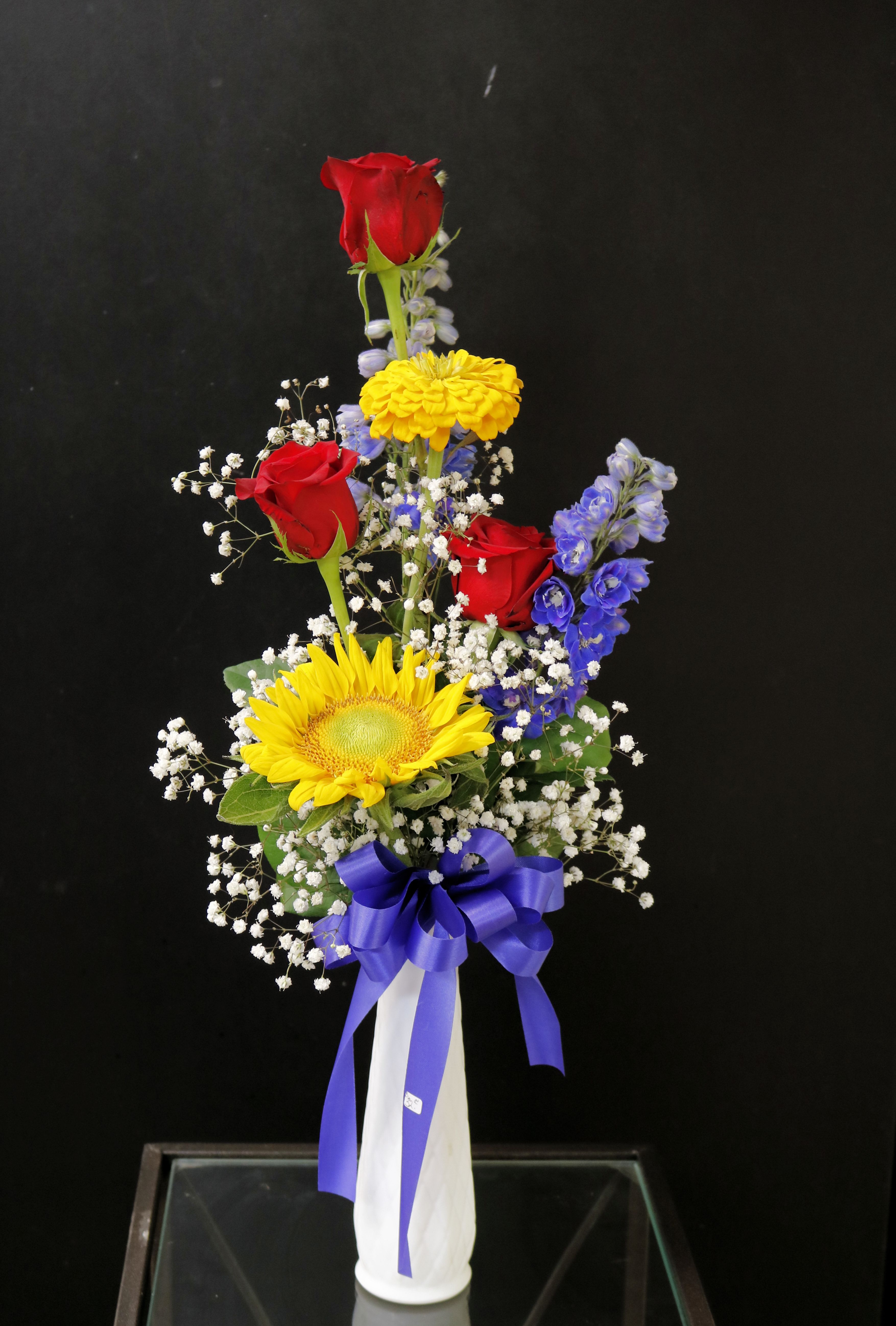 Roses, Sunflowers, Blue Delphinium