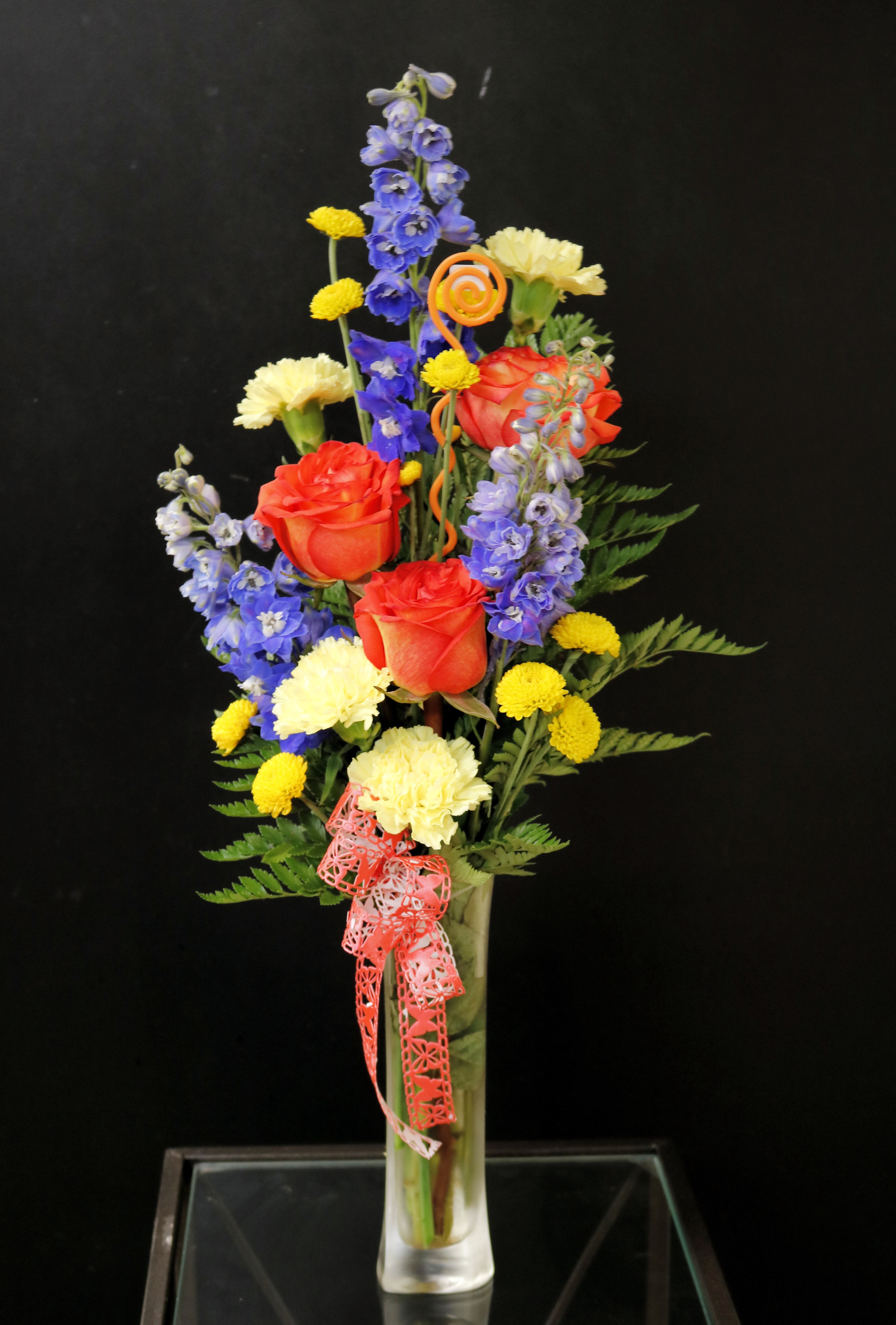 3 Roses and Blue Delphinium