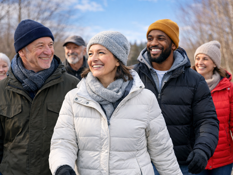Groupe de personnes de différents âges et origines marchant ensemble à l’extérieur par temps frais, souriantes, dans un environnement naturel lumineux.