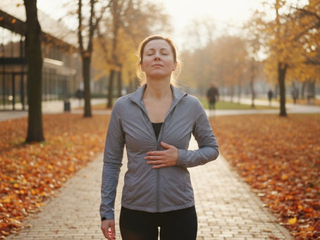 Femme adulte en tenue de sport marchant dans un parc d’automne, les yeux fermés et la main sur l’abdomen pour sentir sa respiration. Image illustrant l’entraînement respiratoire, le travail du diaphragme et le souffle naturel au grand air.