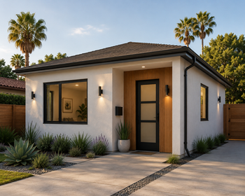 Modern Southern California-style JADU garage conversion in Palo Alto featuring a white stucco exterior, black-framed windows, wood accent entryway, drought-tolerant landscaping, and minimalist residential design.