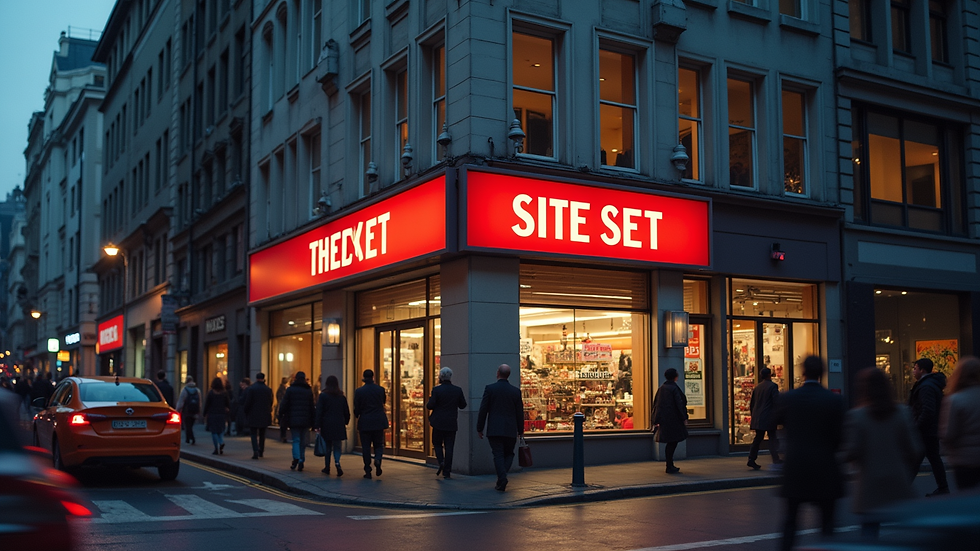 Eye-level view of a large illuminated storefront sign on a busy street