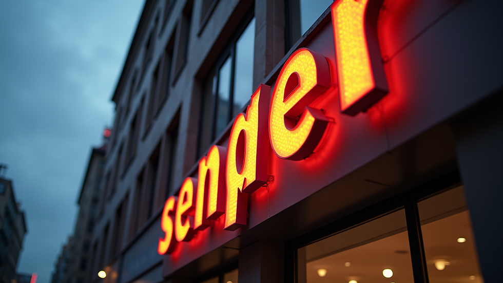 Close-up view of illuminated 3D building letters on a commercial building