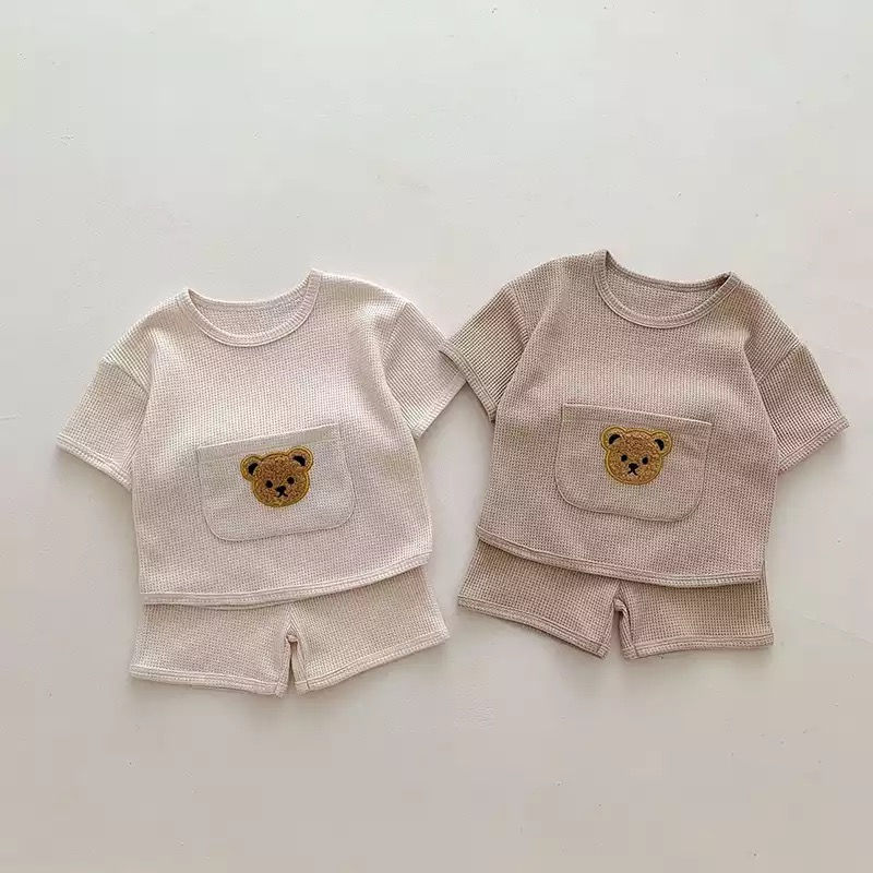 Thumbnail: Waffled Teddy Shorts & T-shirt Set in Cream