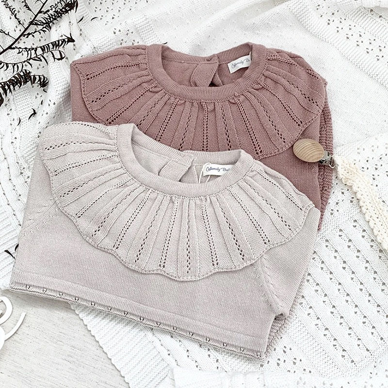 Thumbnail: Ruffled Knit Lace Romper in Beige 