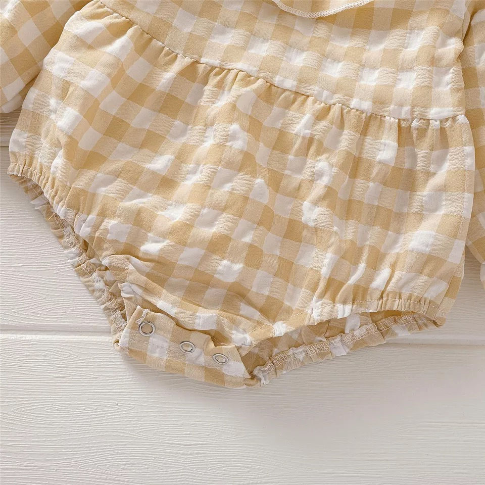 Thumbnail: Beige & White Collared Gingham Romper 