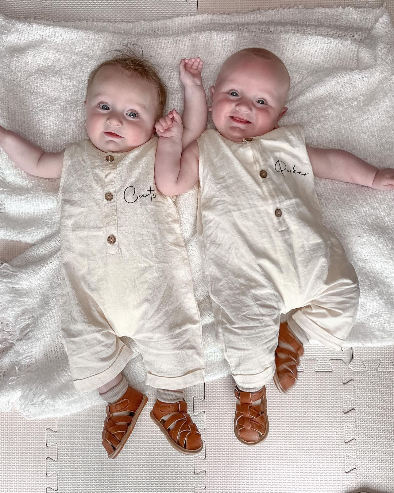 Unisex Baby Linen Dungaree Romper Set in Cream