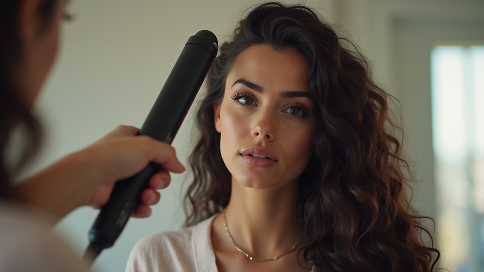 Eye-level view of a woman styling 613 hair bundles with a curling iron