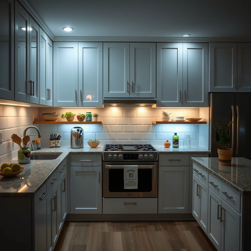 a full kitchen beautifully lit with under cabinet lights ambient light from can lights.jpg