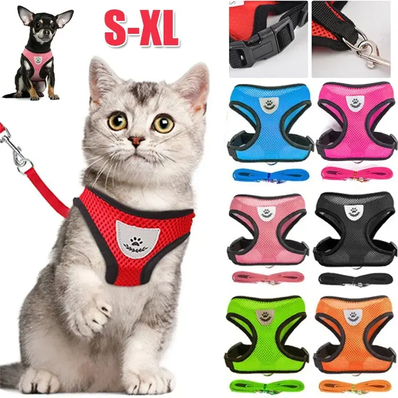 Cat Dog Harness With Lead Leash Adjustable Vest Polyester Mesh Breathable