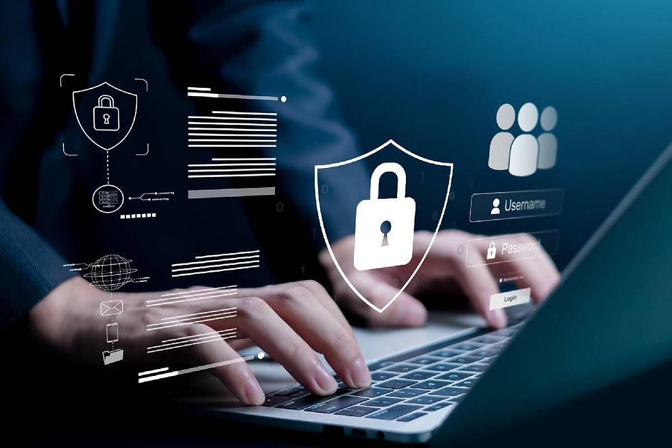 Pair of hands typing at a keyboard with a cybersecurity graphic in the foreground.