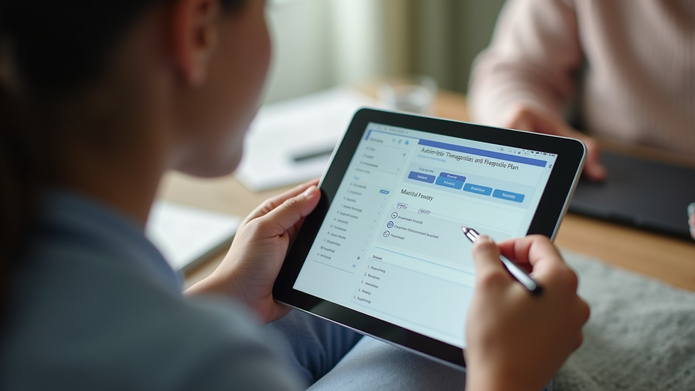 Eye-level view of a therapist using a tablet to update a child's therapeutic plan