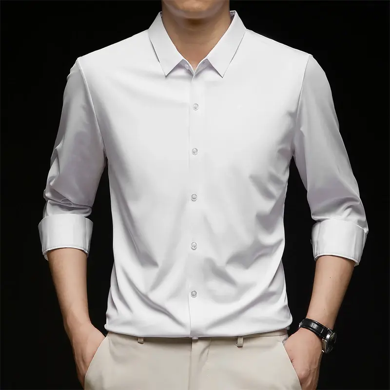 Thumbnail: Premium Satin-Look Long Sleeve Button-Up Shirt with sleek finish and elegant formal styling