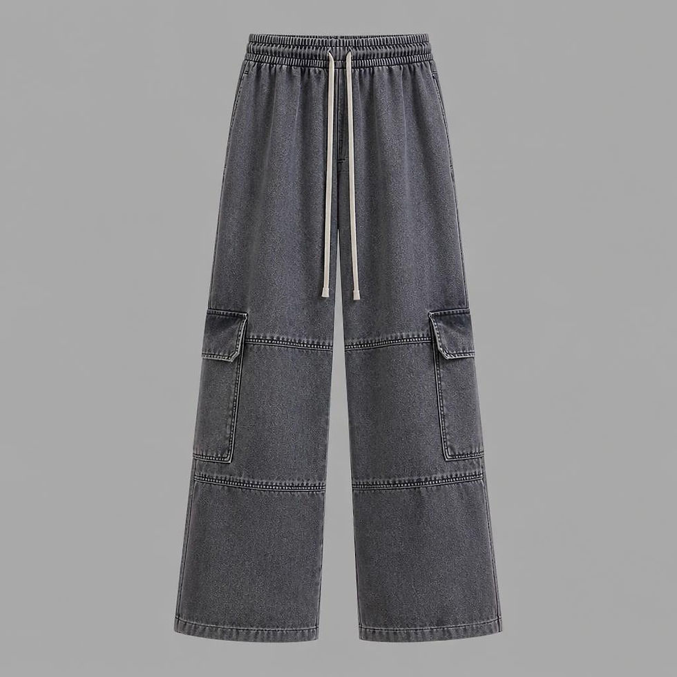 Thumbnail: Rogue Zone Wide-Leg Denim Cargos with utility cargo pockets, relaxed fit, drawstring waist, and washed denim finish