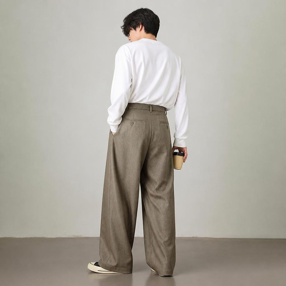 Thumbnail: Arc Fold Wide-Leg Pleated Pants with sculpted pleats, relaxed fit, tailored waistband, and flowing wide-leg silhouette