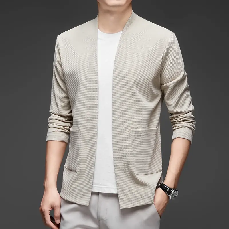 Thumbnail: Grid Ease Open-Front Cardigan Jacket with textured knit fabric, open front, and front patch pockets