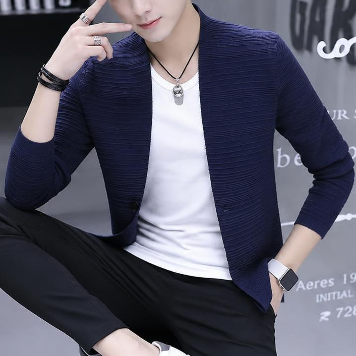 Thumbnail: Night Pulse Ribbed Knit Cardigan Jacket with ribbed texture, shawl collar, button closure, and slim fit
