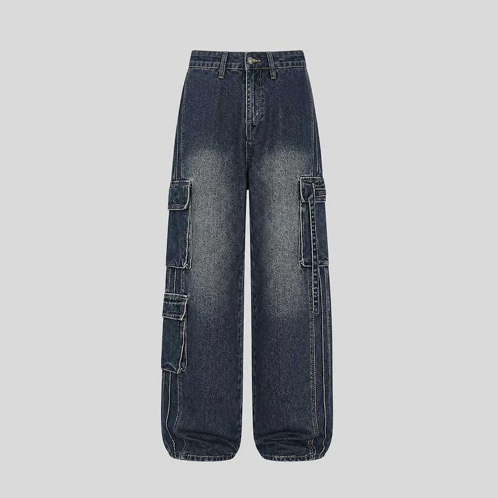 Thumbnail: Stack Rift Wide-Leg Denim Cargos with oversized fit, utility cargo pockets, and premium washed black denim