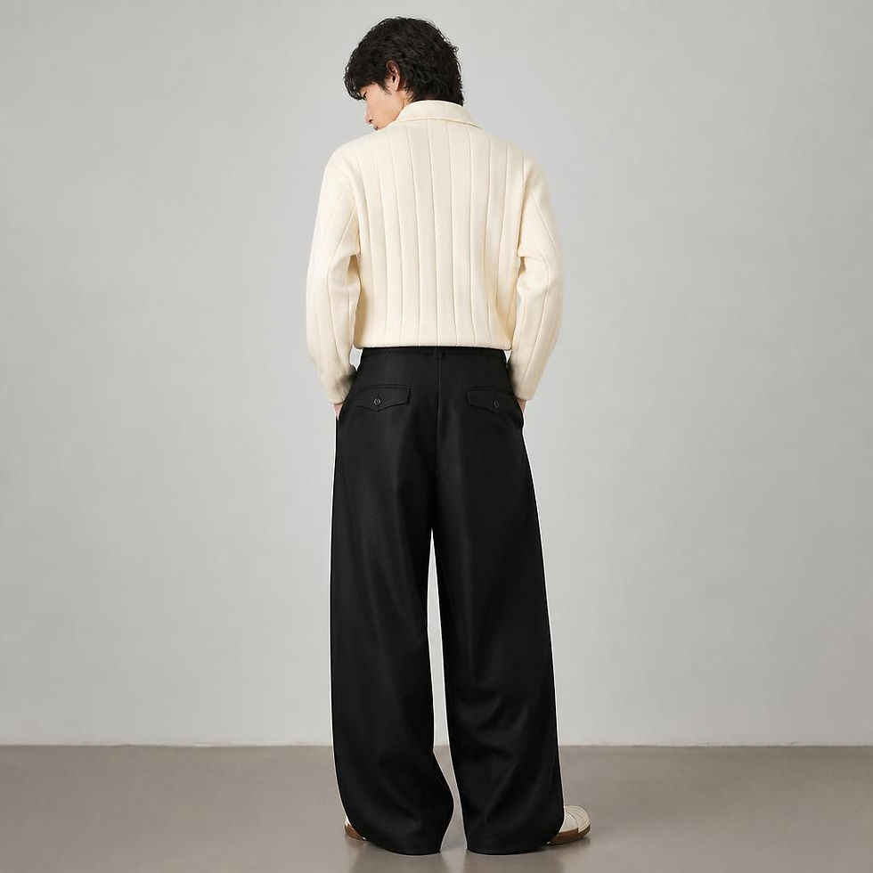 Thumbnail: Arc Fold Wide-Leg Pleated Pants with sculpted pleats, relaxed fit, tailored waistband, and flowing wide-leg silhouette