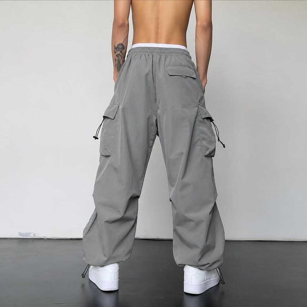 Thumbnail: VoidCore Parachute Cargo Pants with utility flap pockets, adjustable drawstring cuffs, and relaxed oversized fit
