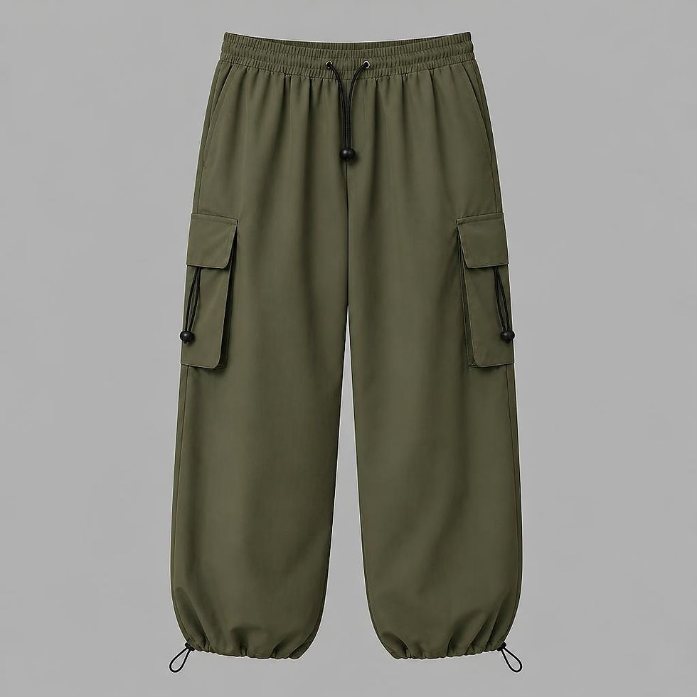 Thumbnail: VoidCore Parachute Cargo Pants with utility flap pockets, adjustable drawstring cuffs, and relaxed oversized fit