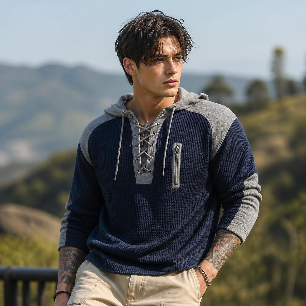 Thumbnail: Waffle Knit Lace-Up Hoodie with textured waffle knit fabric and adjustable hooded design
