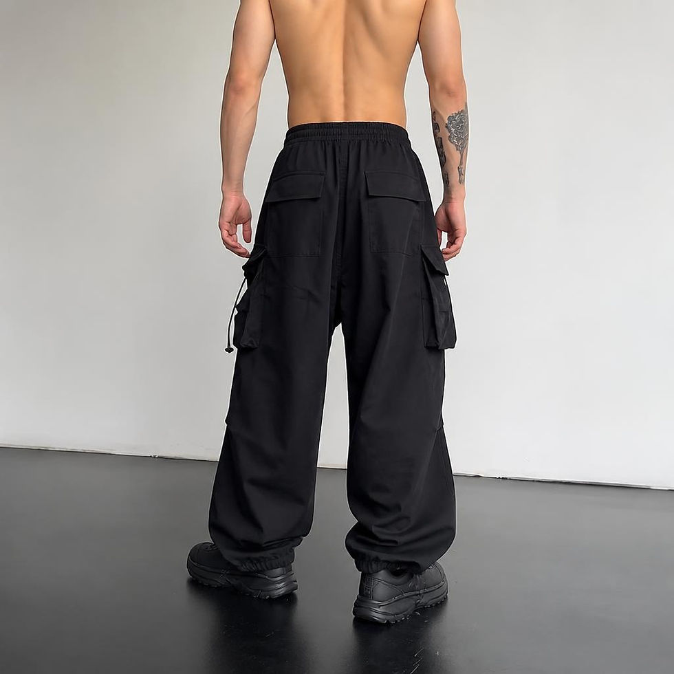 Thumbnail: VoidCore Parachute Cargo Pants with utility flap pockets, adjustable drawstring cuffs, and relaxed oversized fit