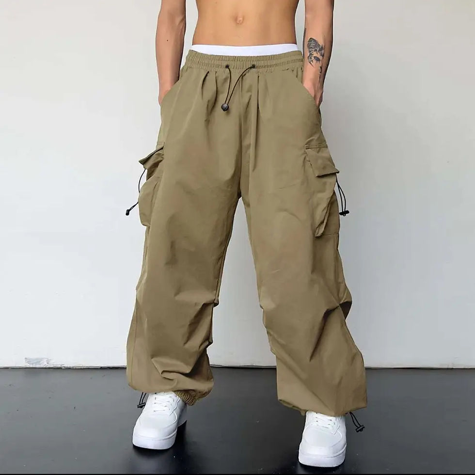 Thumbnail: VoidCore Parachute Cargo Pants with utility flap pockets, adjustable drawstring cuffs, and relaxed oversized fit