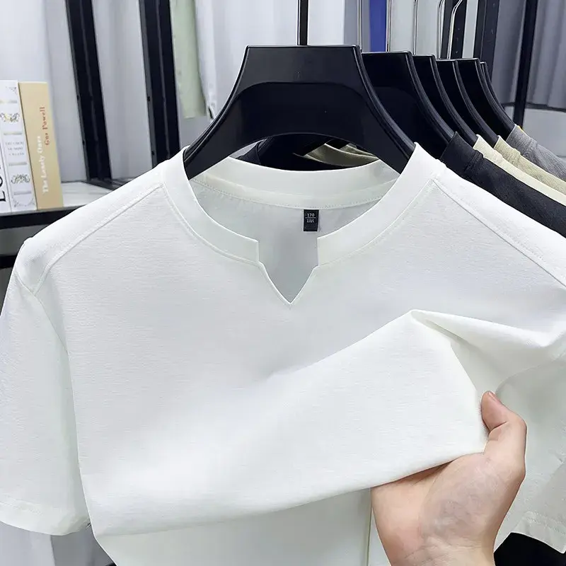Thumbnail: Minimal Slub Texture Split-Neck Casual T-Shirt with lightweight fabric and modern relaxed fit